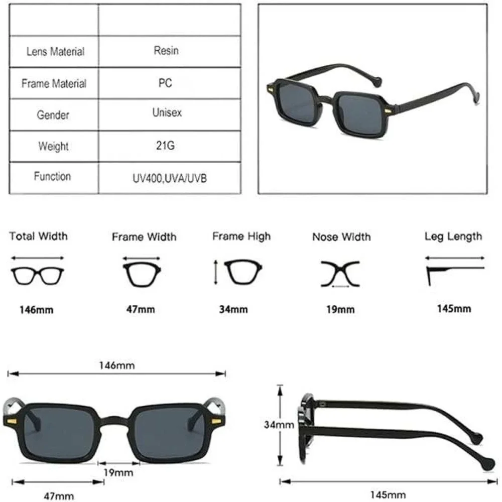 Mens Black Square‎ Sunglasses Retro Vintage Rectangular UV400 Protection Shades